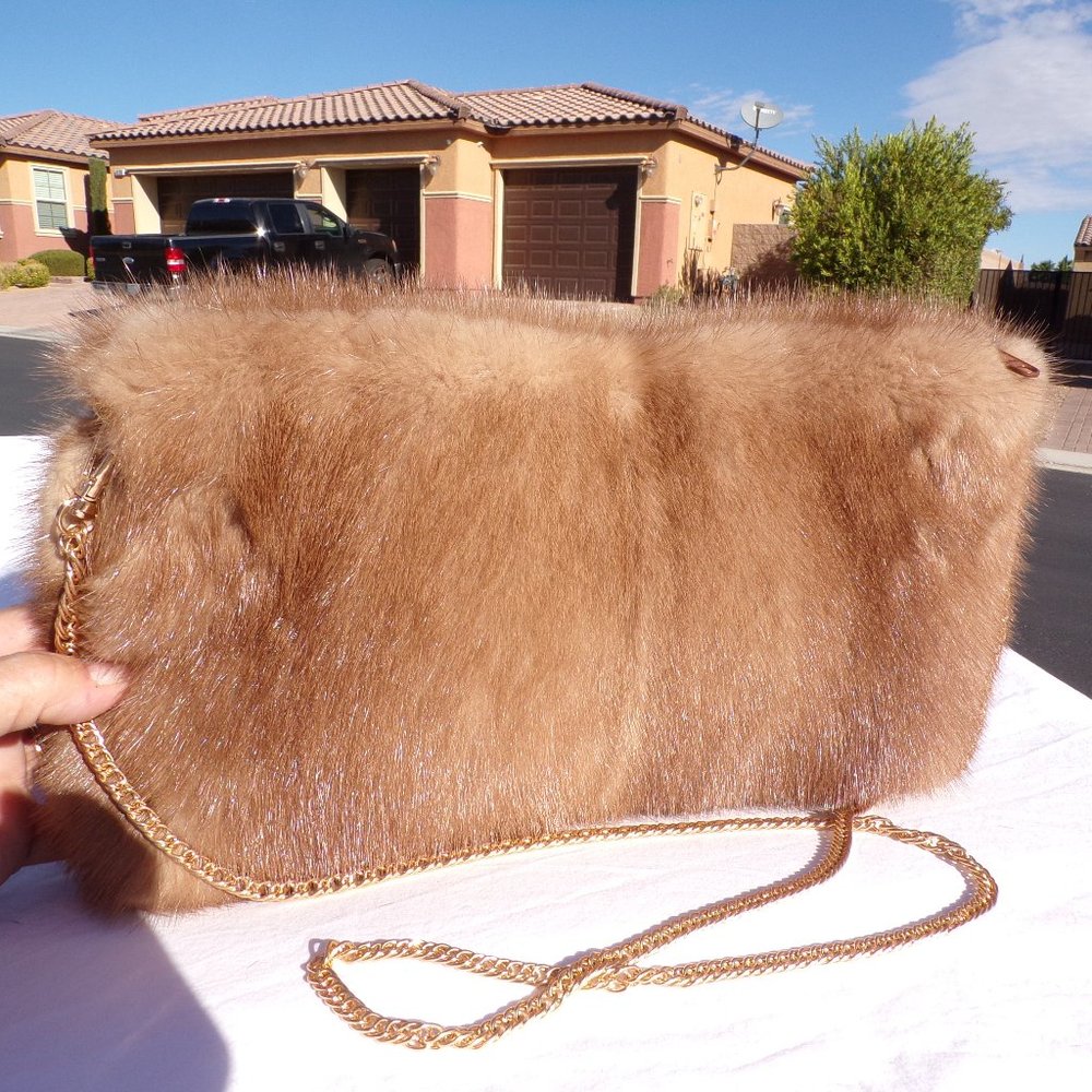 real beige MINK FUR cross body convertible clutch handbag purse, handmade